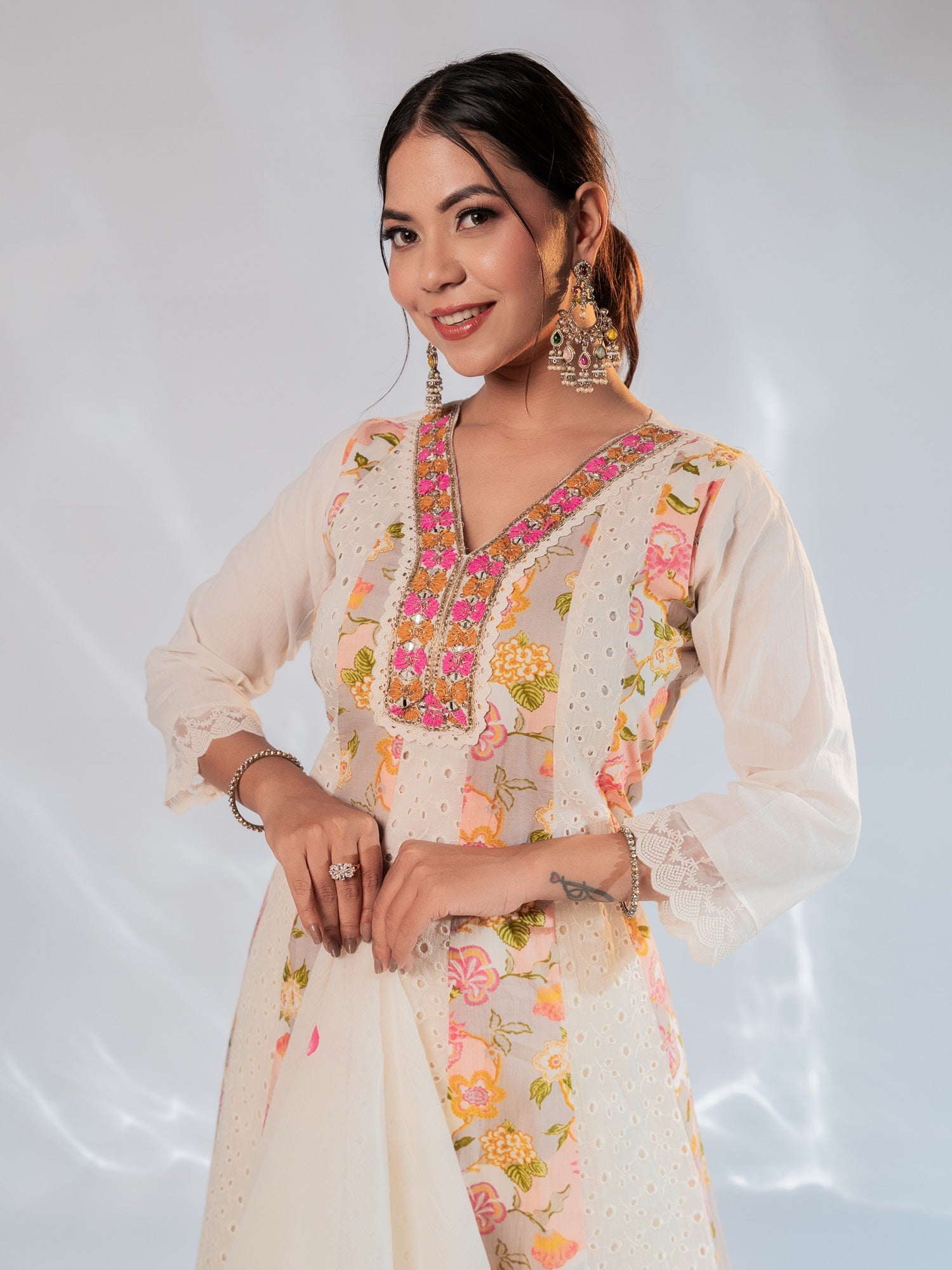 Ivory Pastel Floral Embroidered Suit Set