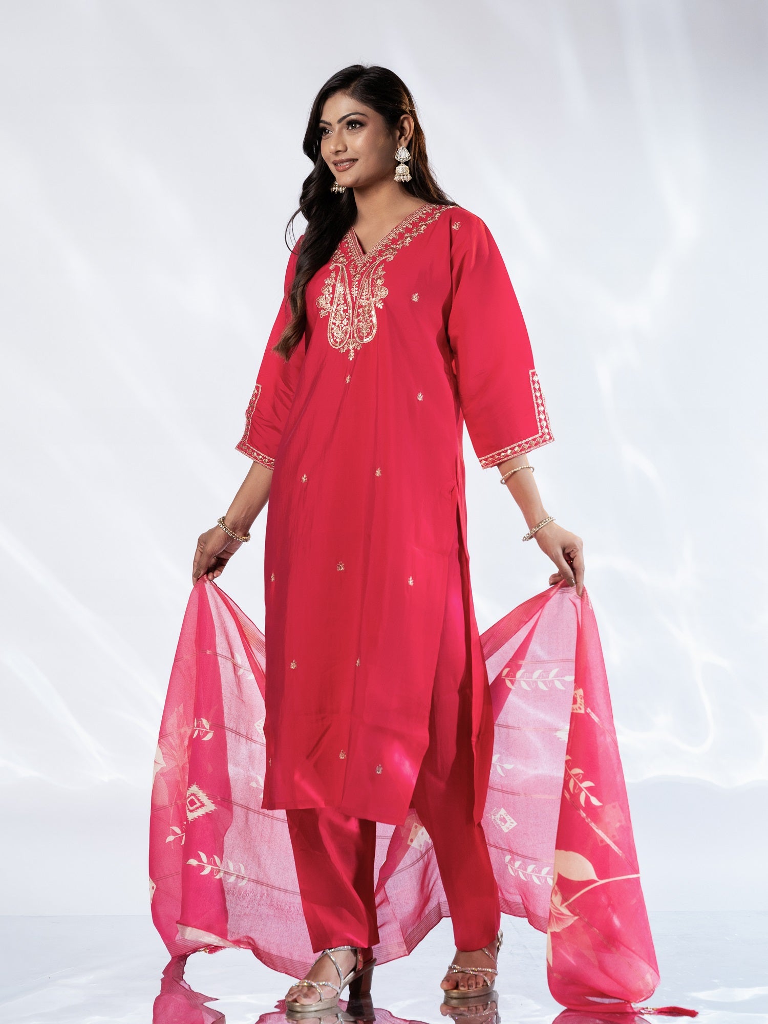 Pink V-neck Embroidered Suit Set