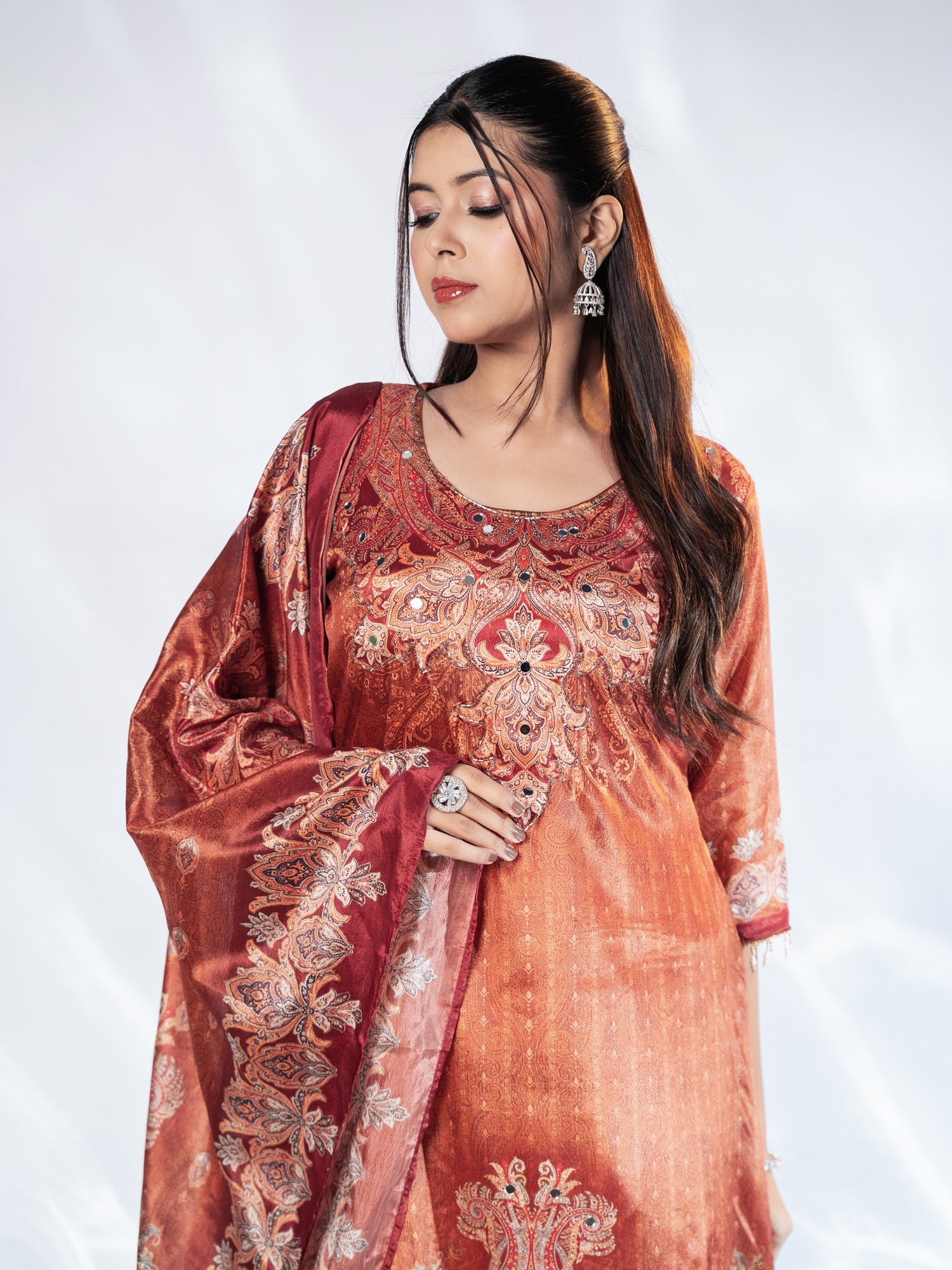 Burnt Orange Karachi Print Suit Set