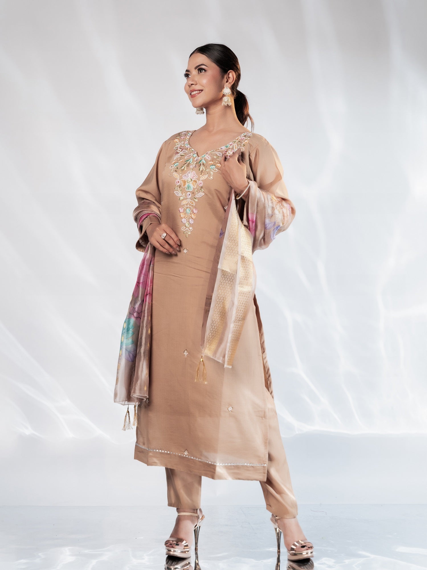 Nude Beige Pastel-Embroidered Suit Set