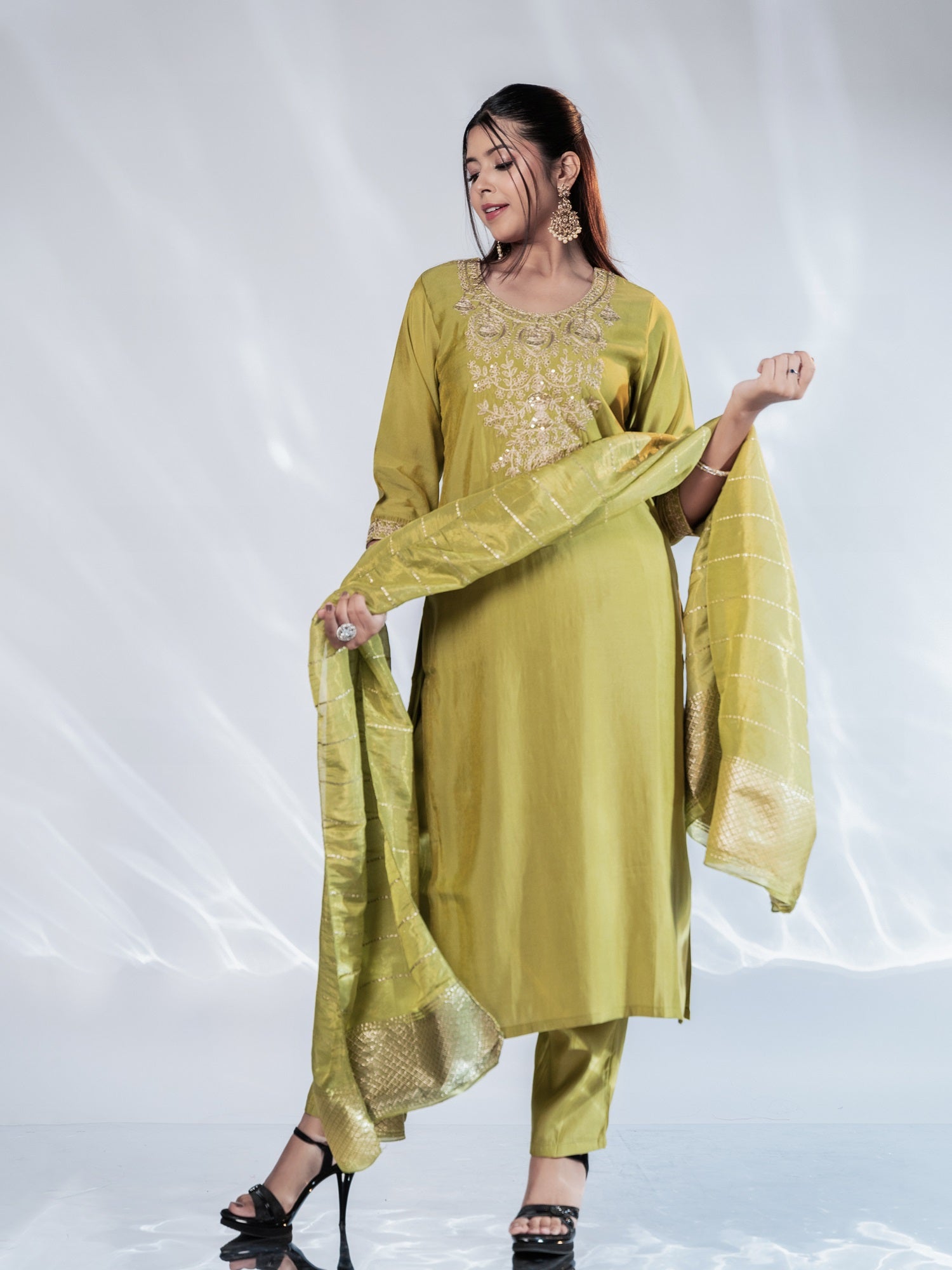Pastel Green Gold Zari-Embroidered Suit Set