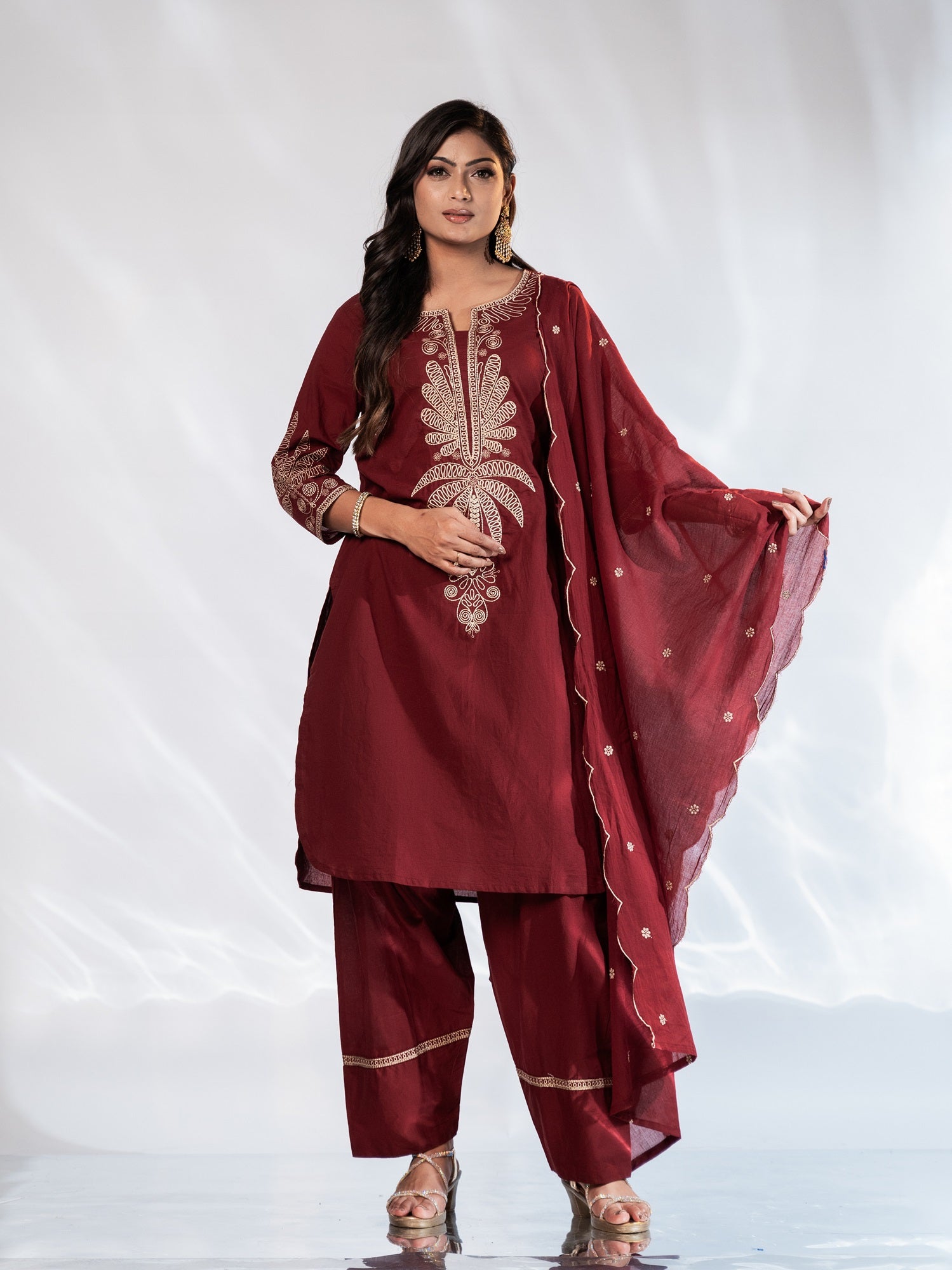 Maroon Embroidered Cotton Suit Set