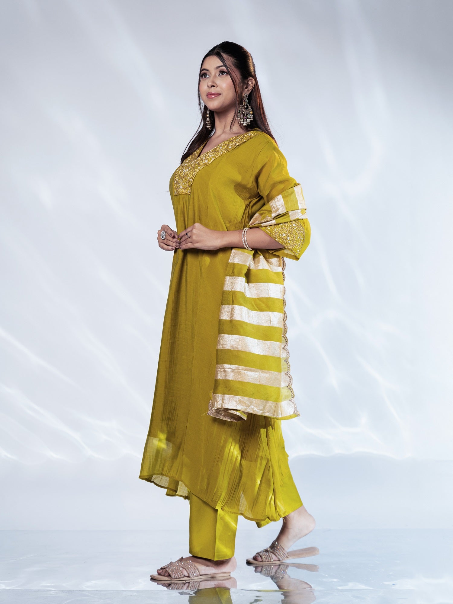 Olive Zari-Striped U-cut Dupatta Suit Set