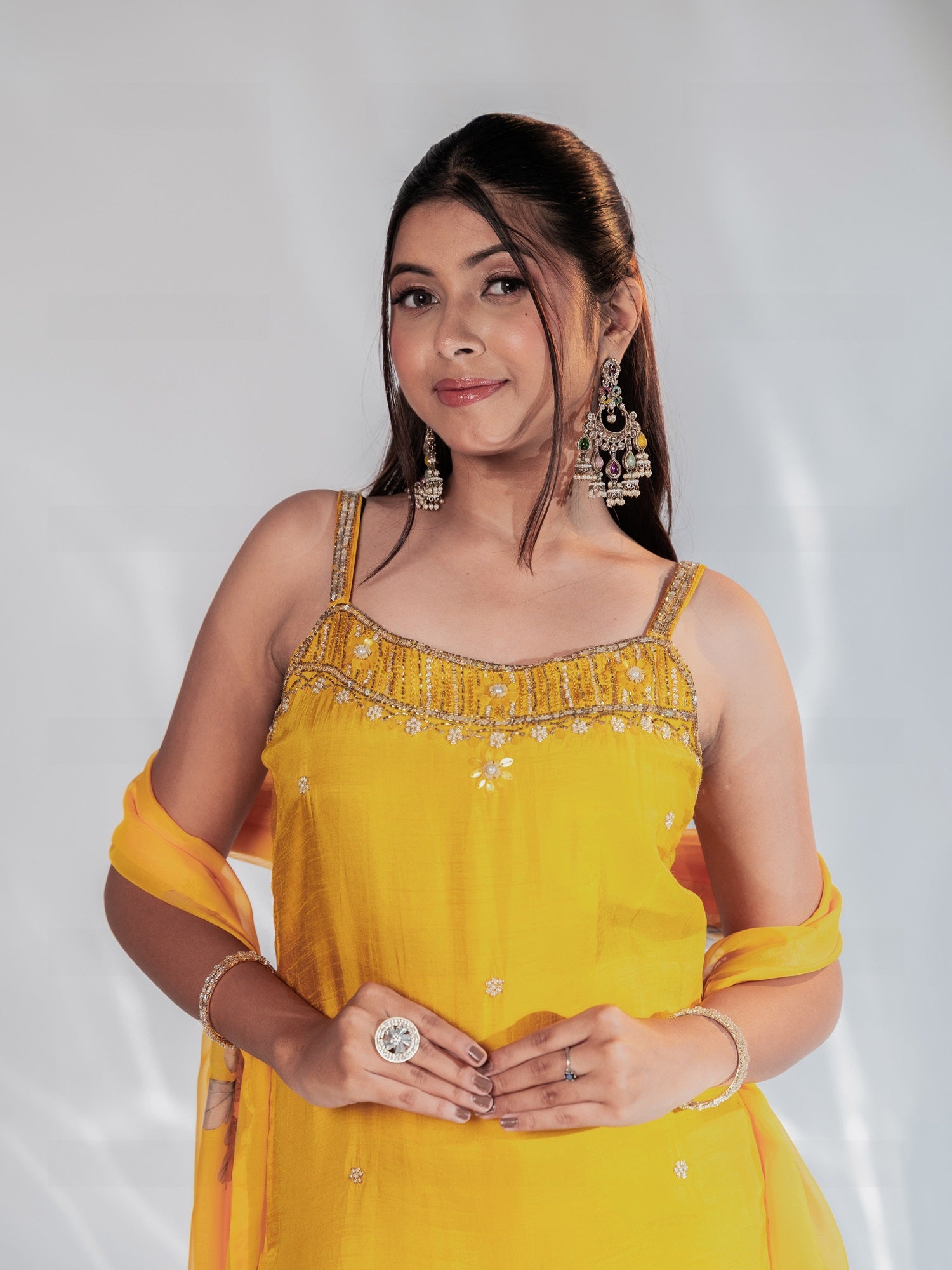 Sunshine Yellow Handwork Spaghetti-Strap Suit Set