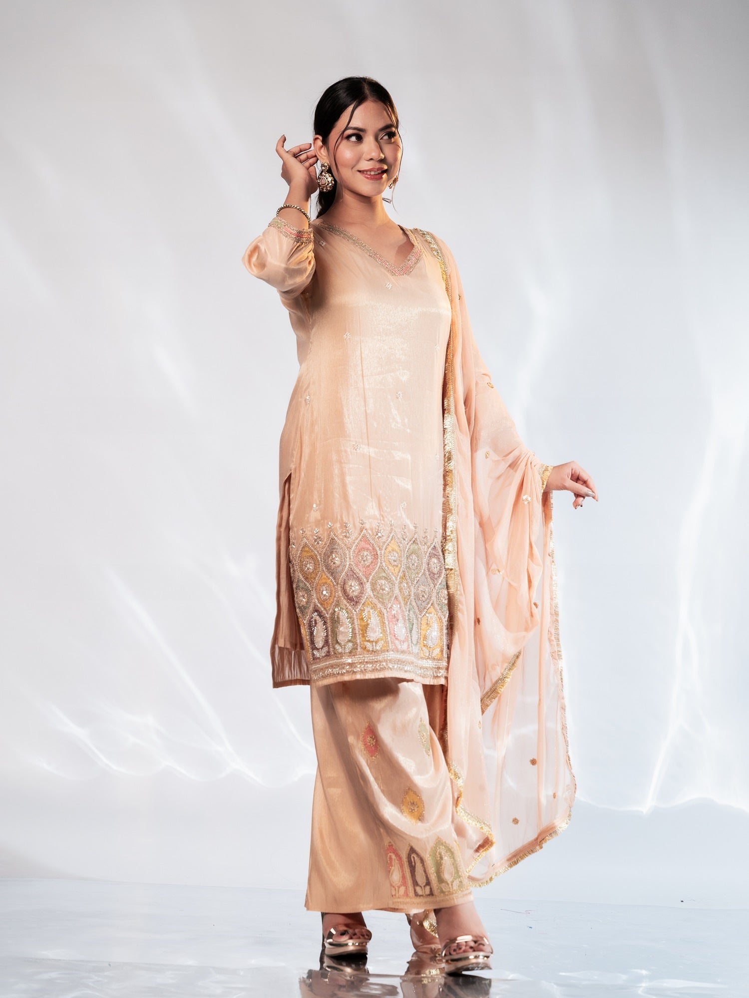 Blush Peach Handwork Muslin Silk Suit Set
