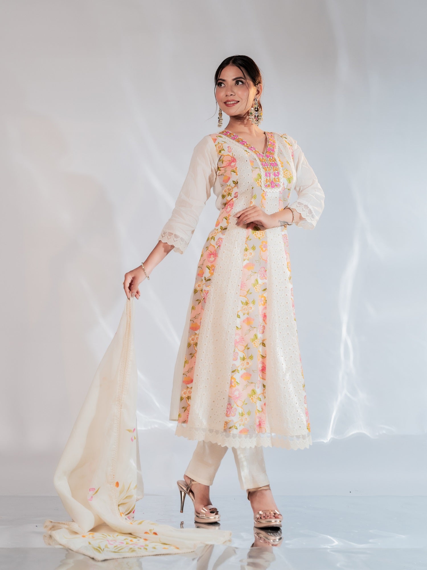 Ivory Pastel Floral Embroidered Suit Set