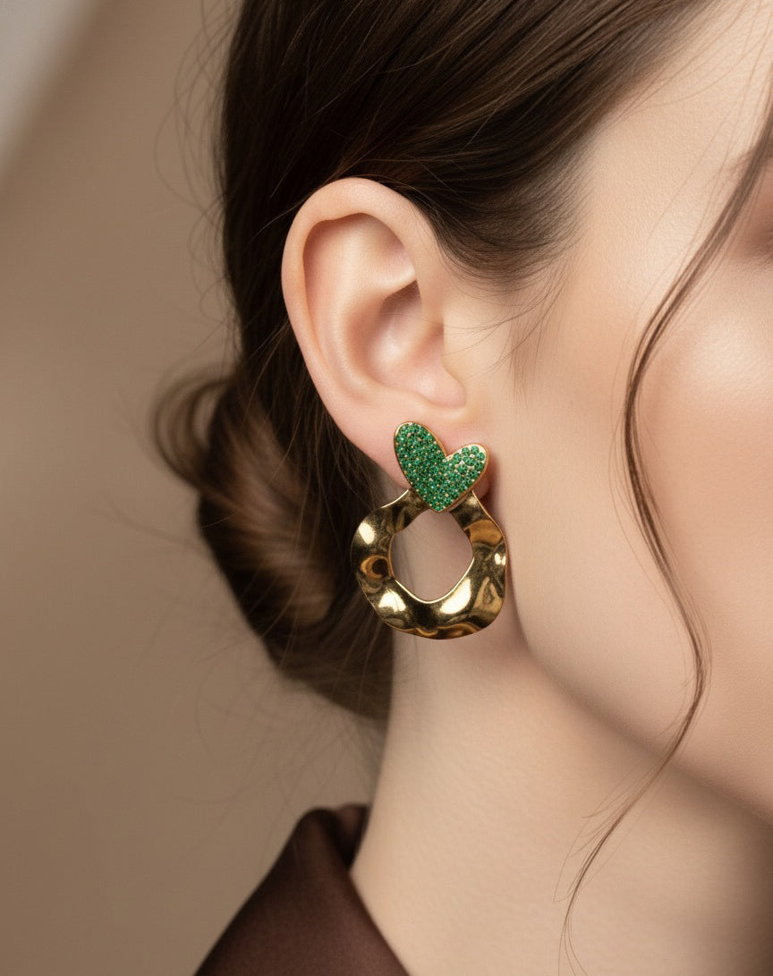 Emerald Heart Golden Stud Earrings