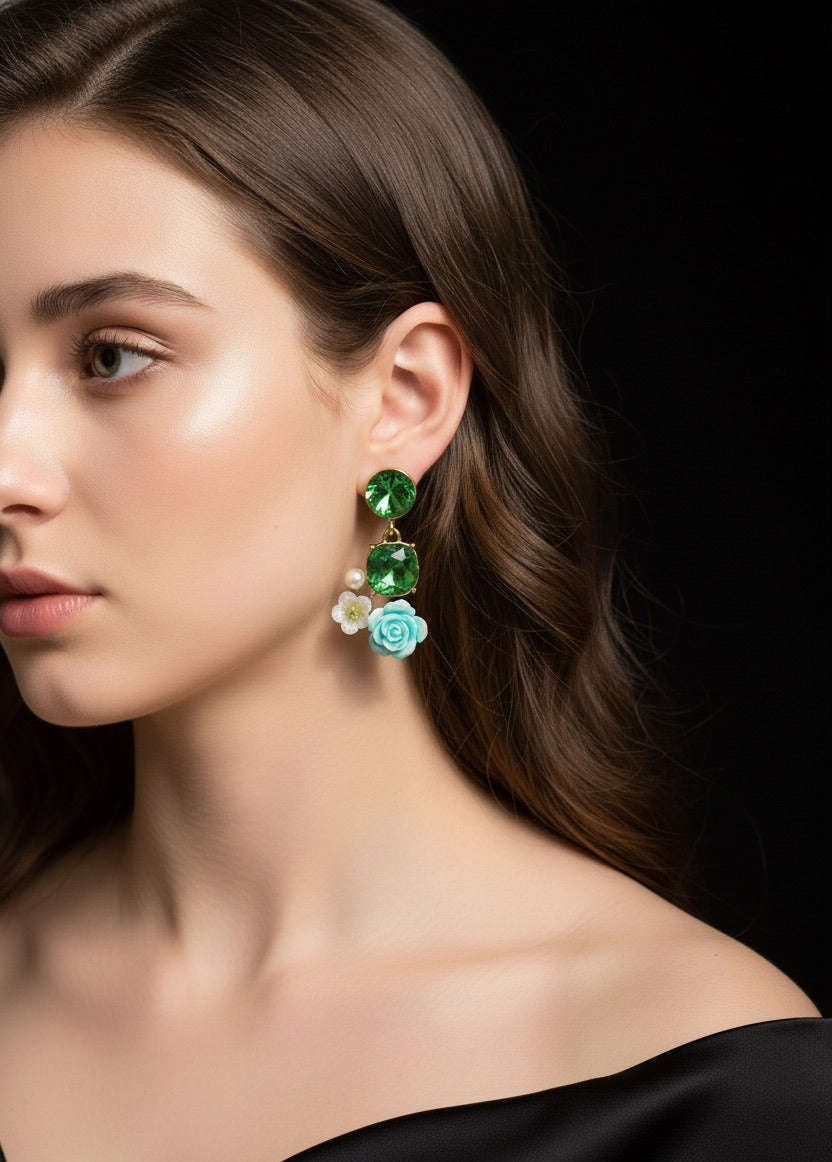 Emerald Green Rose Drop Earrings