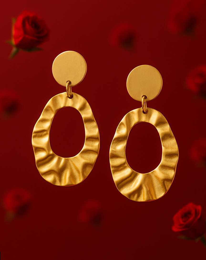 Golden Ripple Oval Statement Earrings