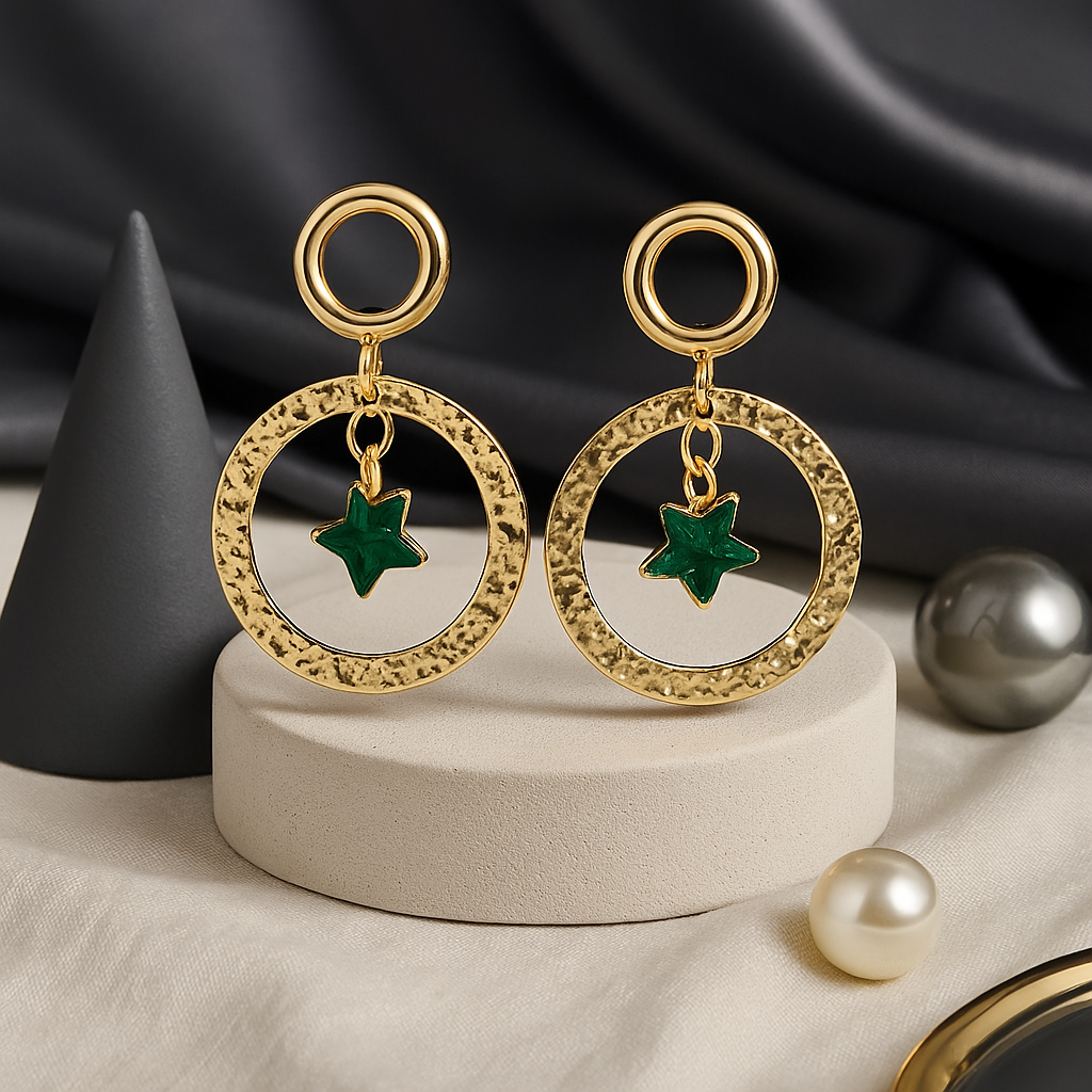 Emerald Star Orbit Drop Earrings
