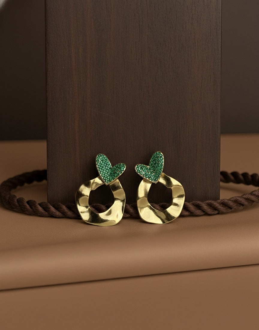 Emerald Heart Golden Stud Earrings