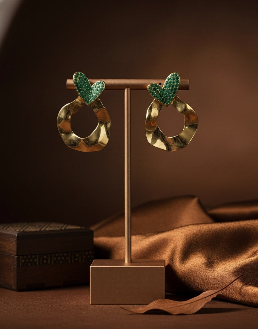 Emerald Heart Golden Stud Earrings