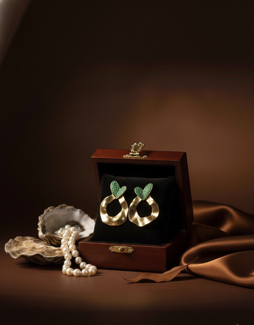 Emerald Heart Golden Stud Earrings