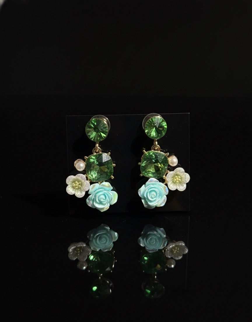 Emerald Green Rose Drop Earrings