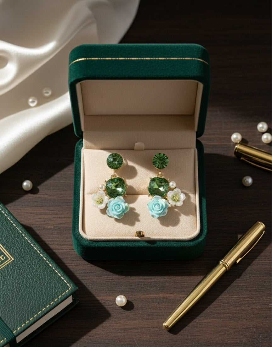 Emerald Green Rose Drop Earrings