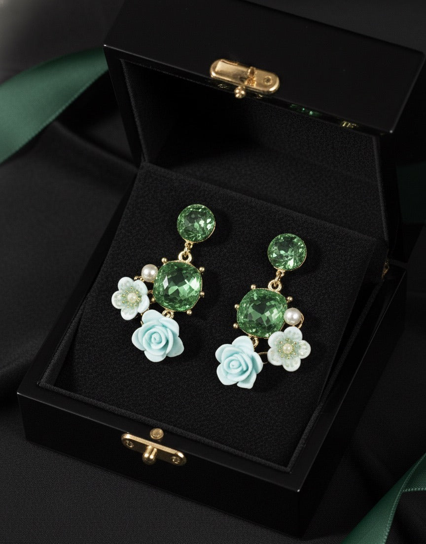 Emerald Green Rose Drop Earrings
