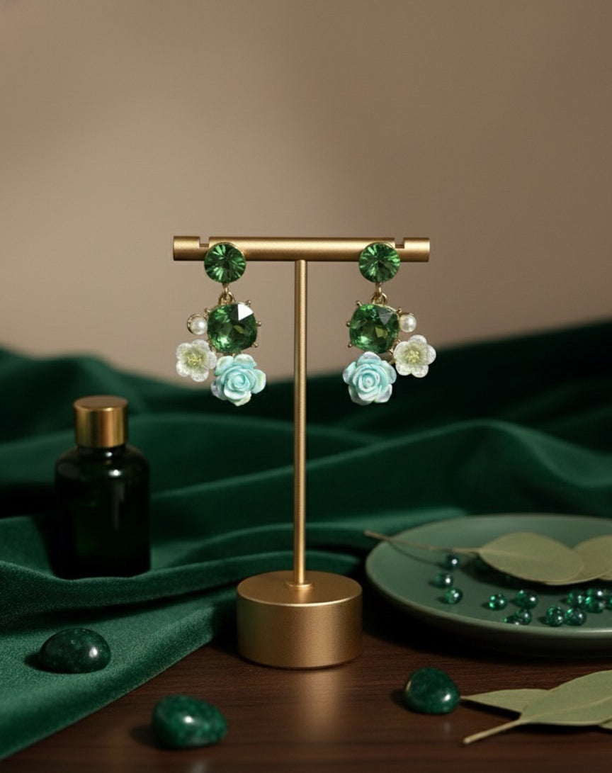 Emerald Green Rose Drop Earrings