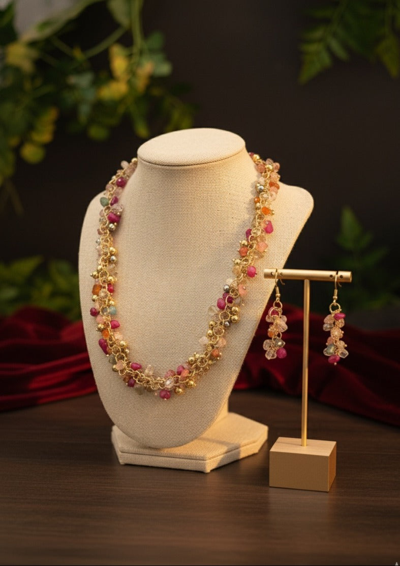 Rosy Crystal Cluster Necklace Set