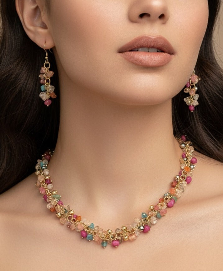 Rosy Crystal Cluster Necklace Set
