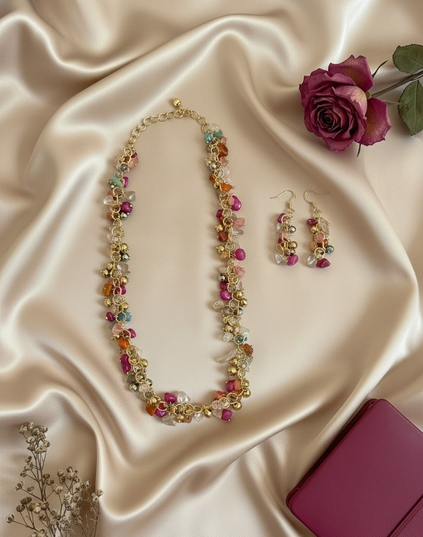 Rosy Crystal Cluster Necklace Set