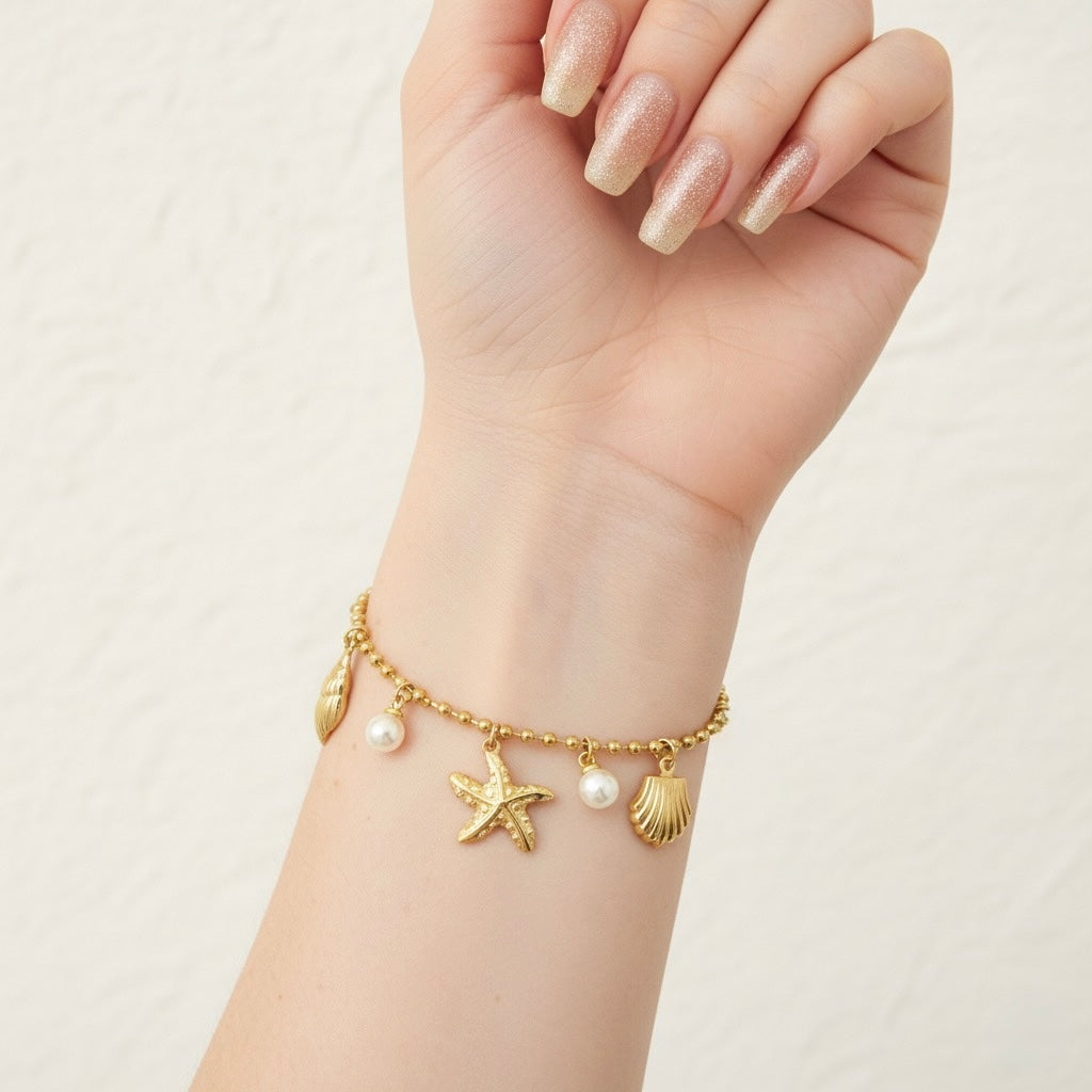 Seashell Charms Pearl Bracelet