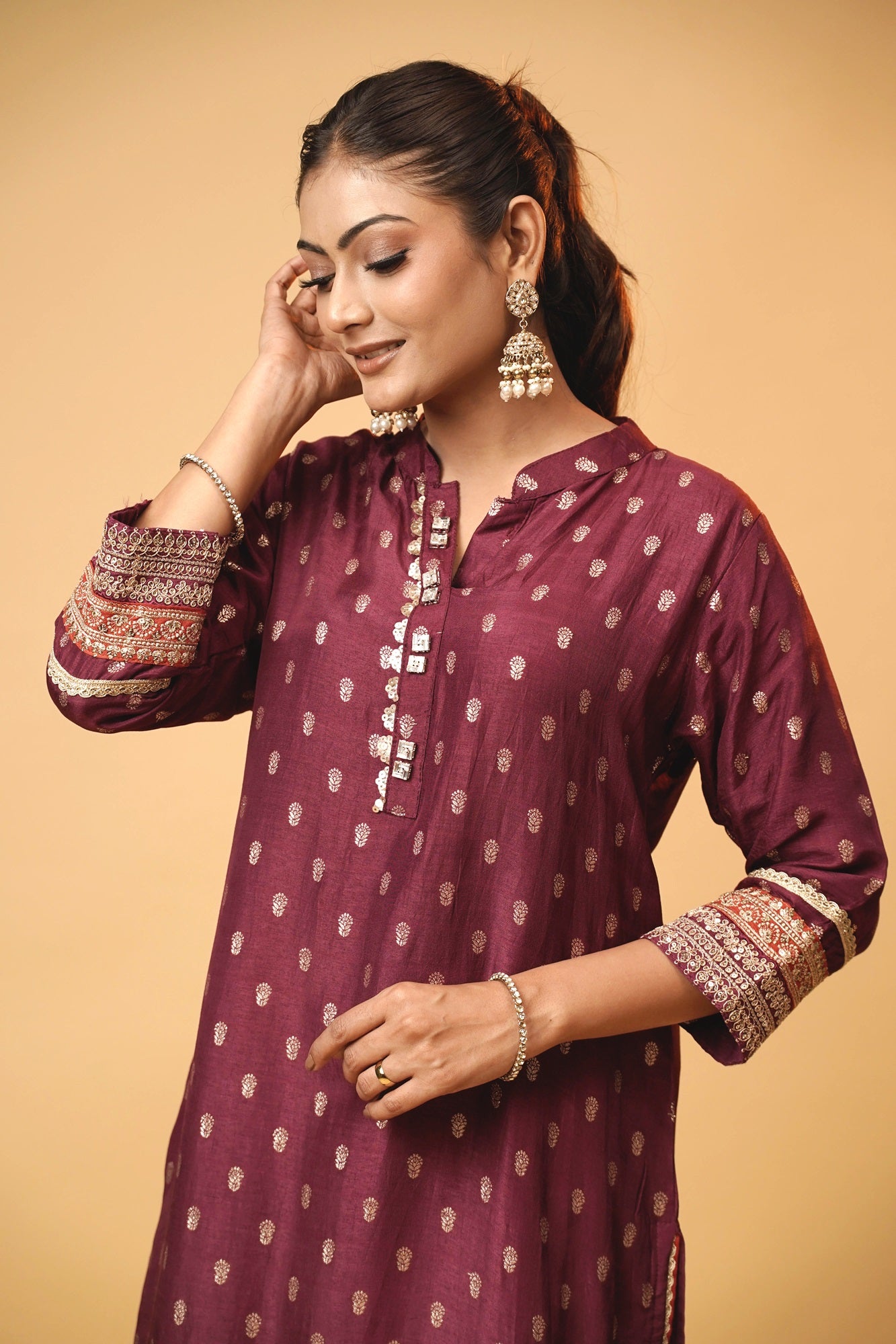 High Neck Royal Wine Banarasi Suit Set