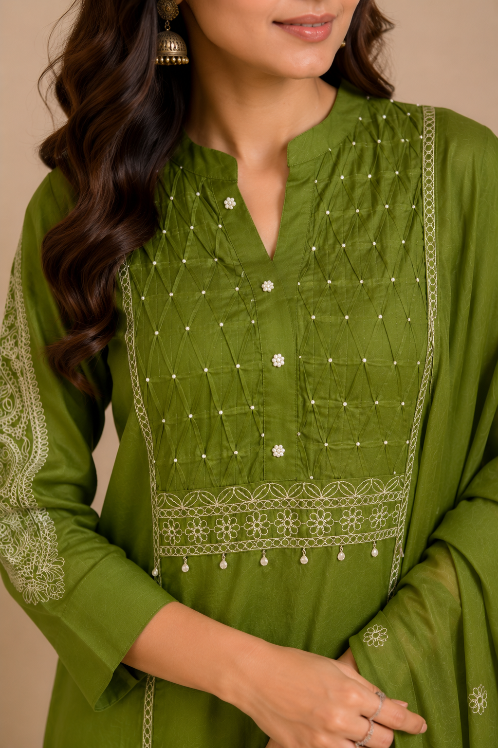 Graceful Green Embroidered Cotton Suit Set