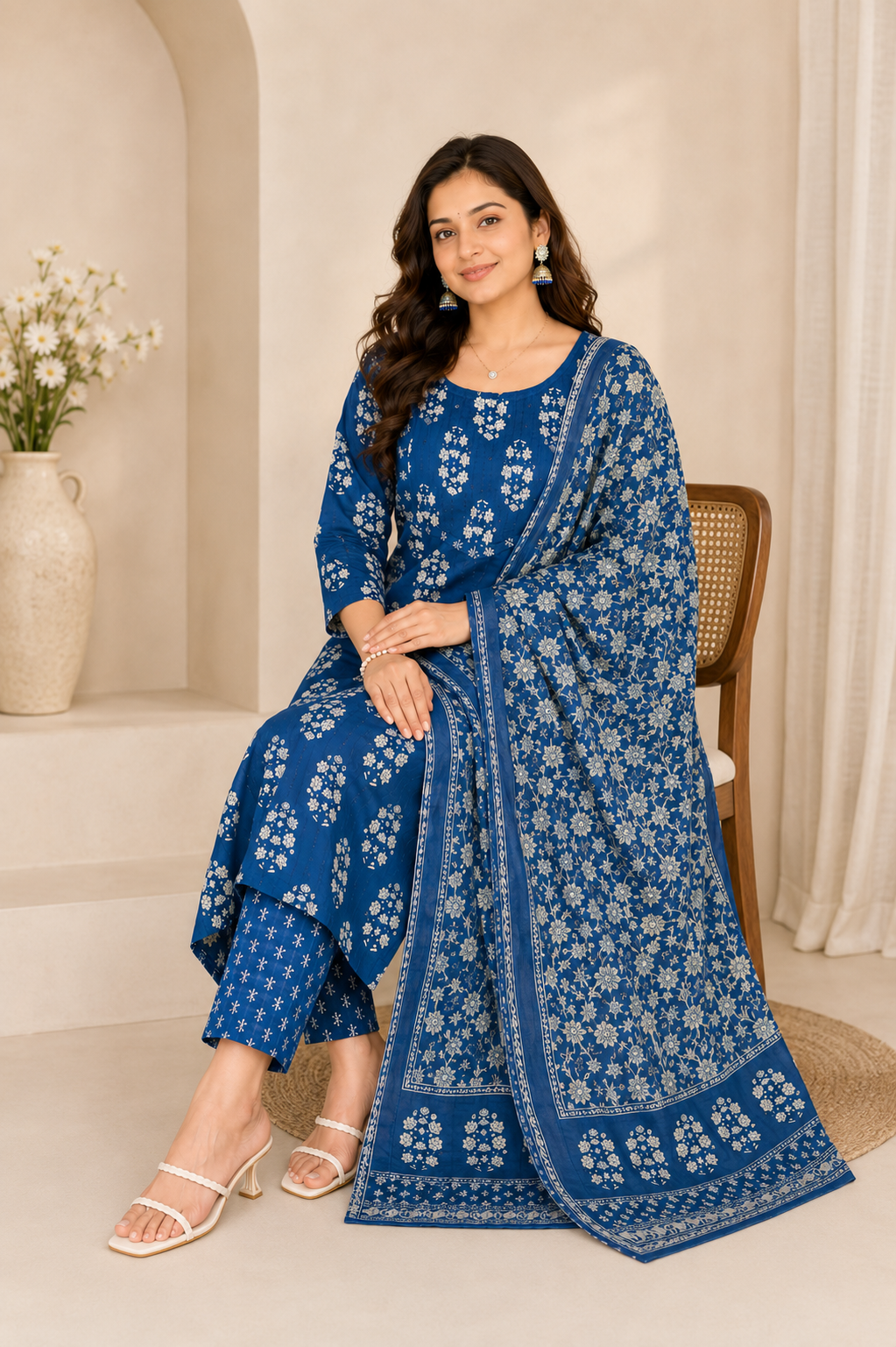 Blue Printed Cotton Suit Set