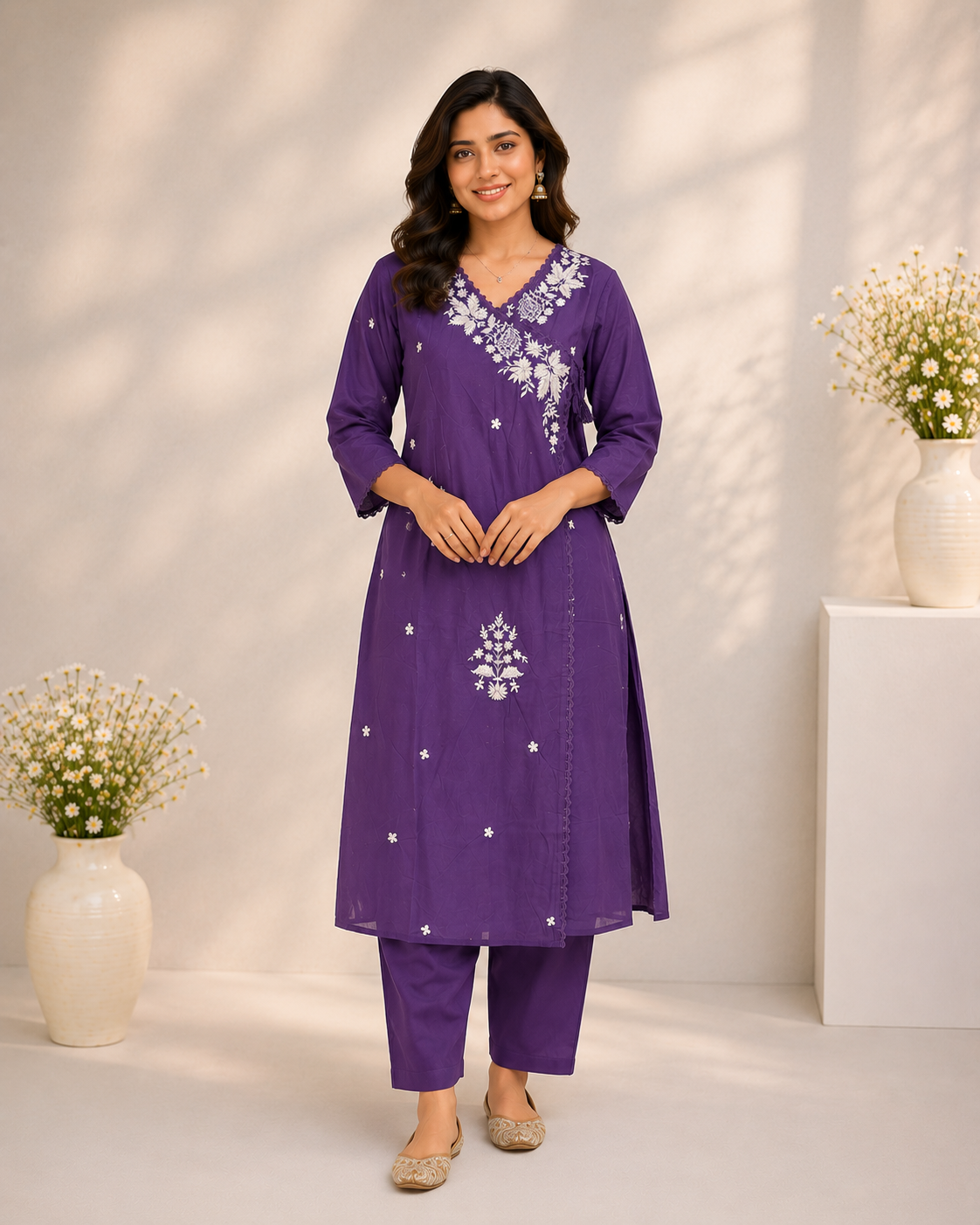 Angrakha Pattern Embroidered Cotton Suit