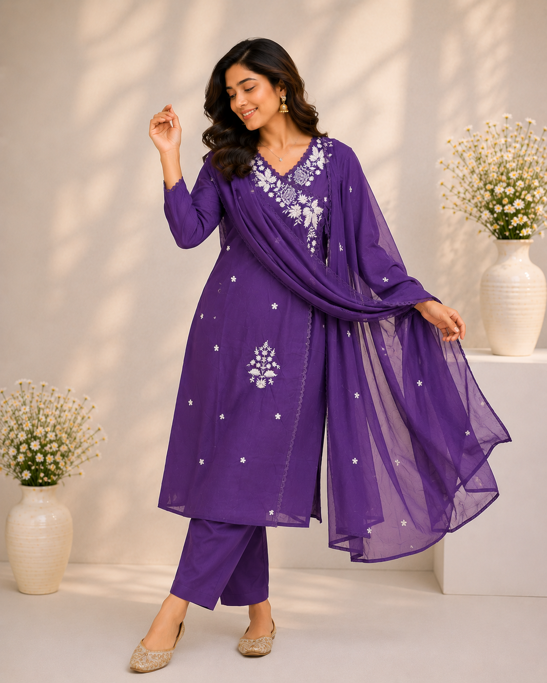 Angrakha Pattern Embroidered Cotton Suit