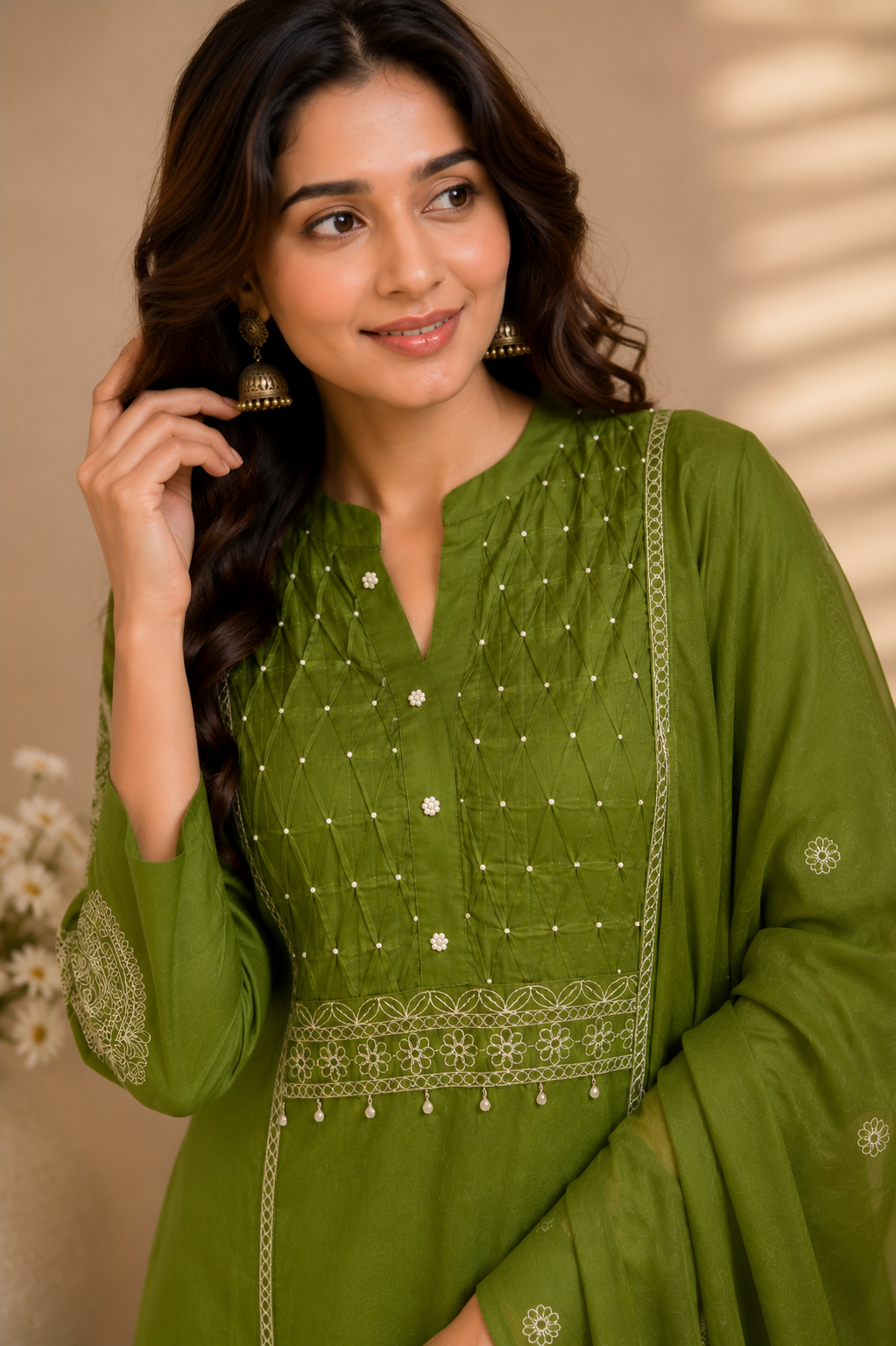 Graceful Green Embroidered Cotton Suit Set
