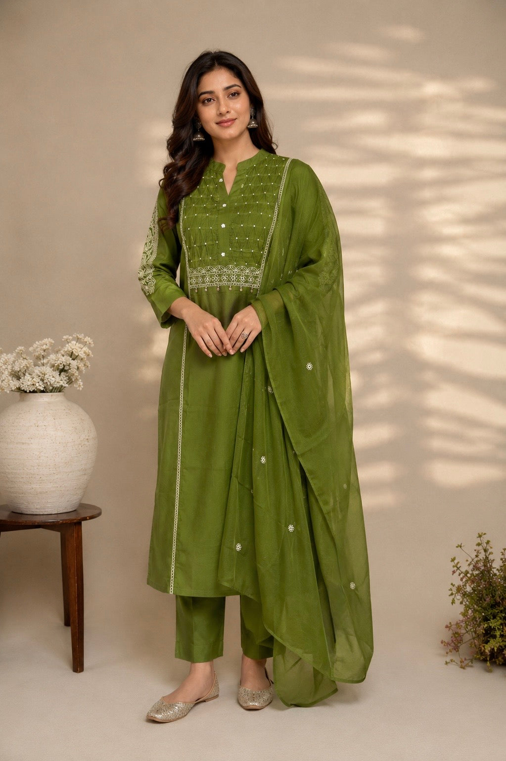 Graceful Green Embroidered Cotton Suit Set