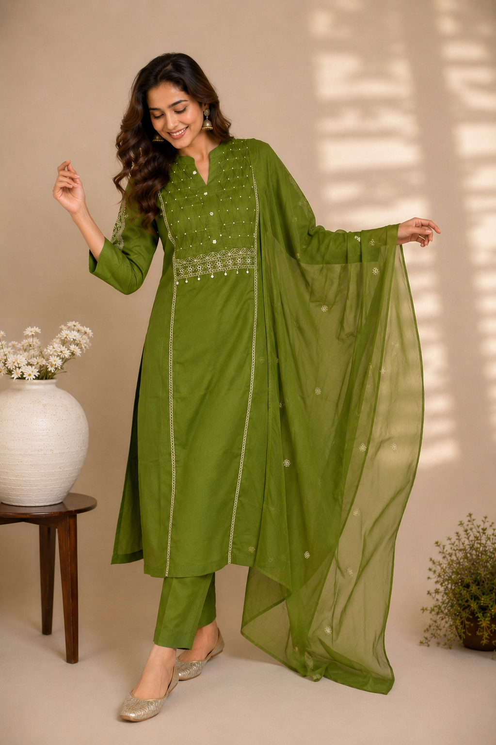 Graceful Green Embroidered Cotton Suit Set