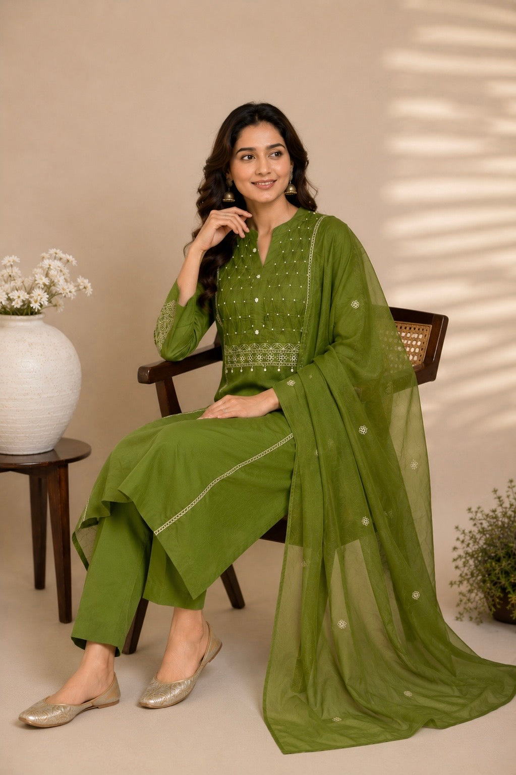 Graceful Green Embroidered Cotton Suit Set