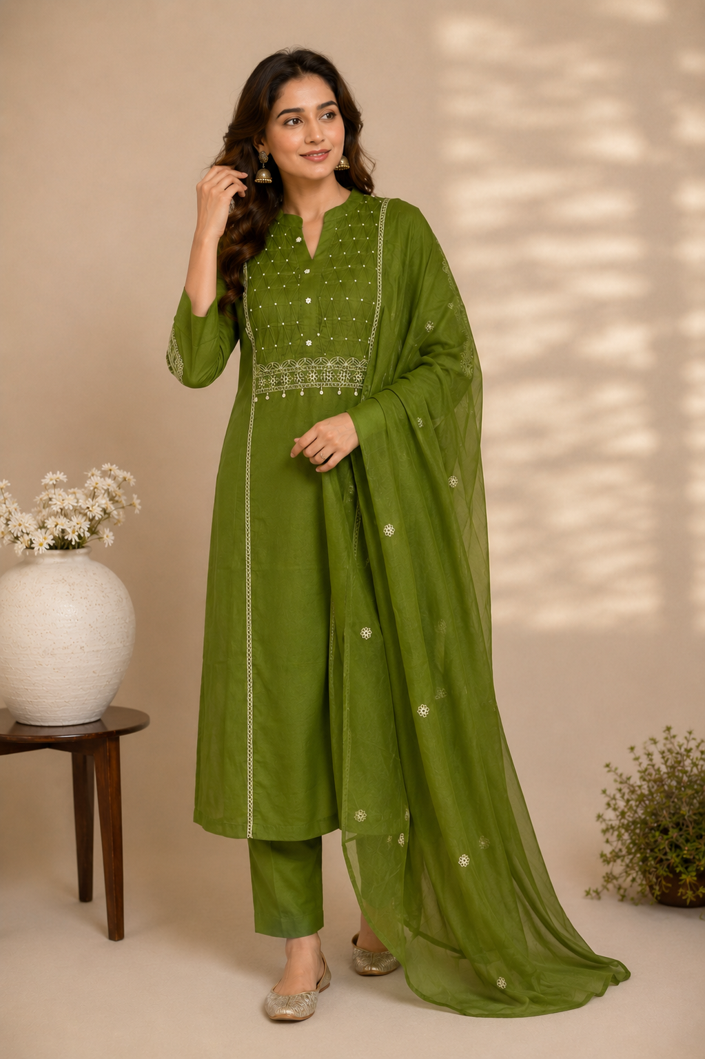 Graceful Green Embroidered Cotton Suit Set
