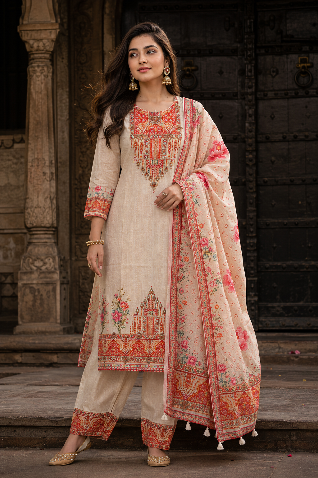 Ivory Floral Printed Cotton Suit Set with Dupatta