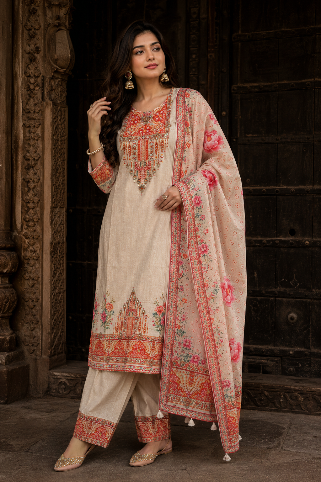 Ivory Floral Printed Cotton Suit Set with Dupatta