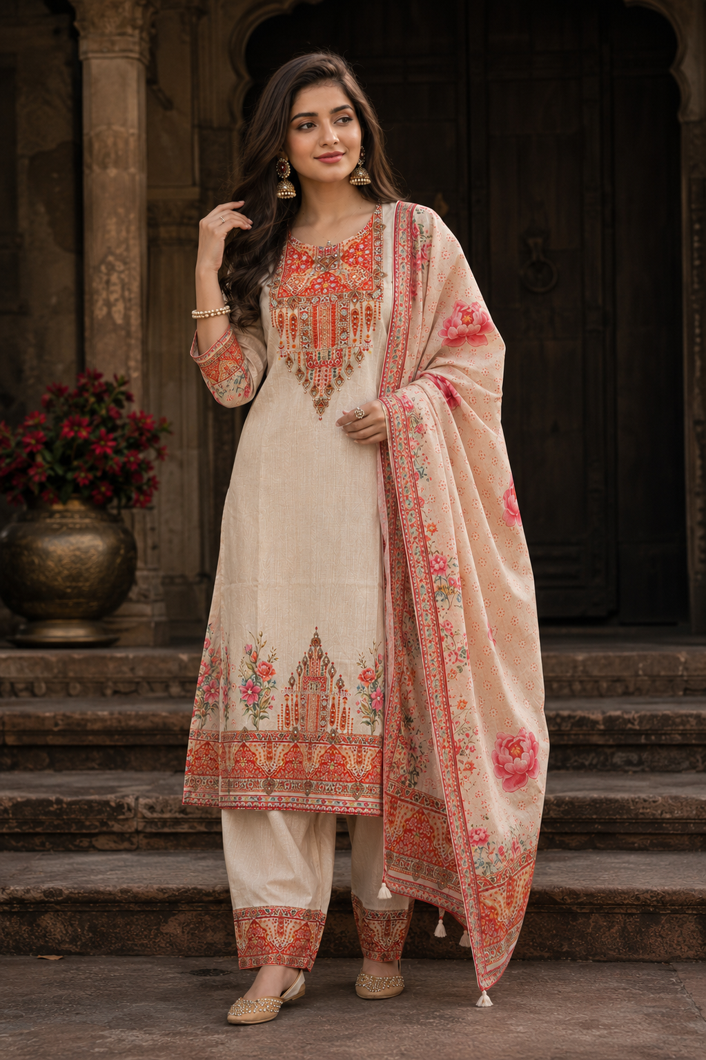 Ivory Floral Printed Cotton Suit Set with Dupatta