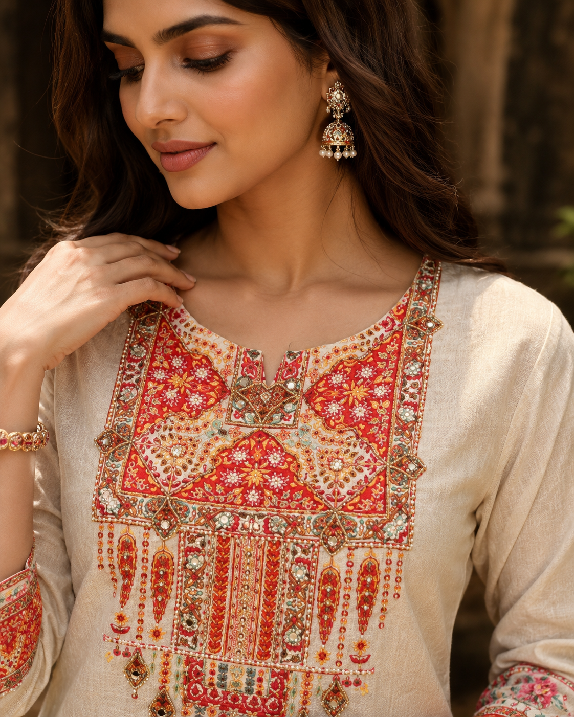 Ivory Floral Printed Cotton Suit Set with Dupatta