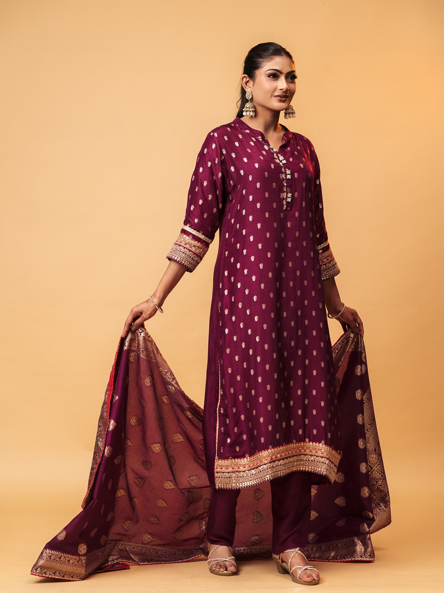High Neck Royal Wine Banarasi Suit Set