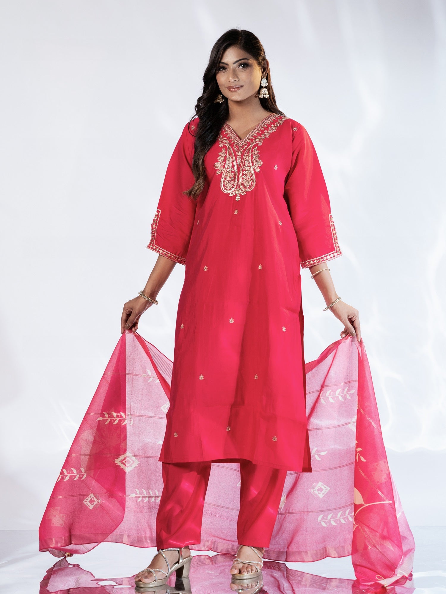 Pink V-neck Embroidered Suit Set