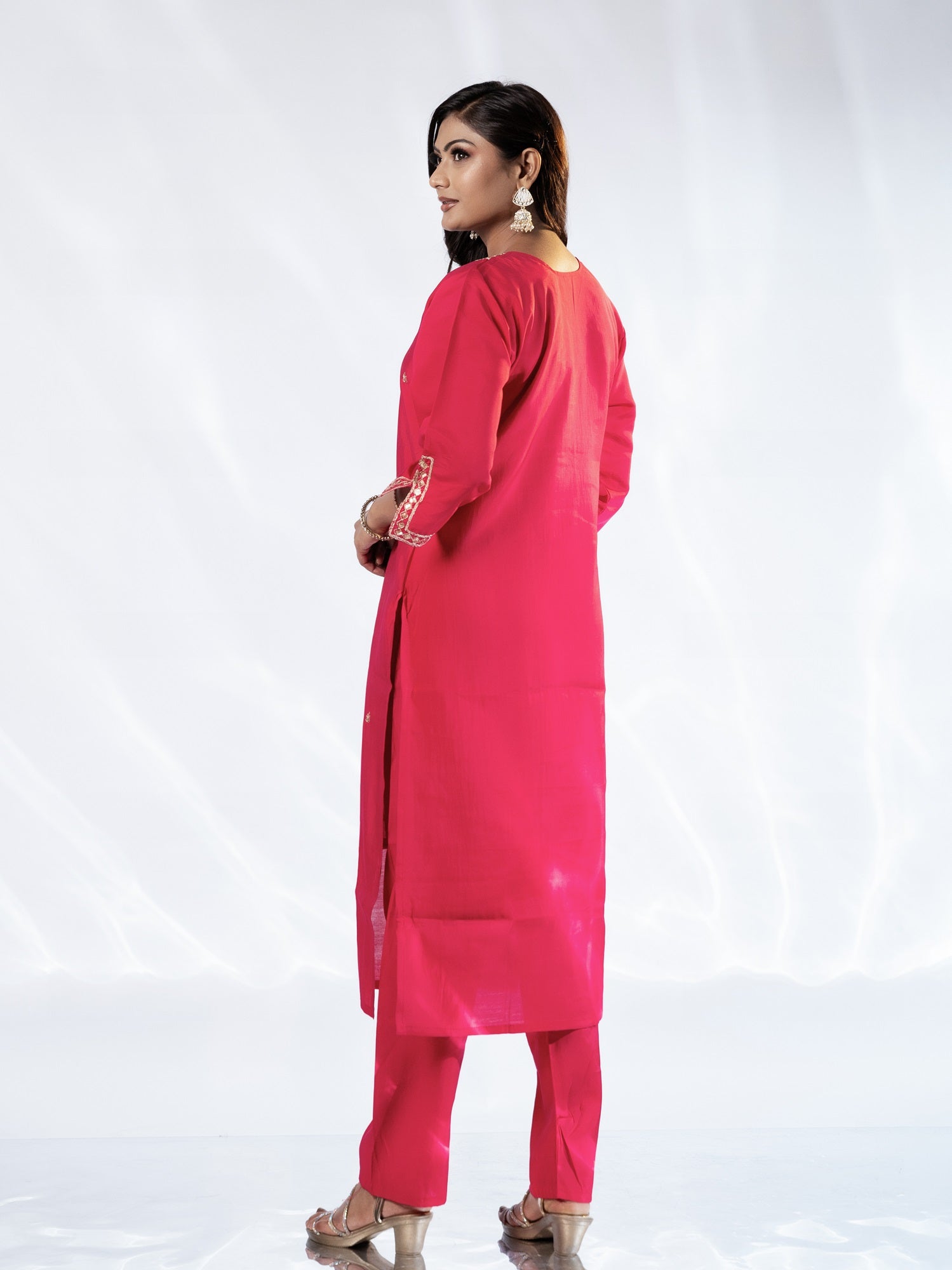 Pink V-neck Embroidered Suit Set