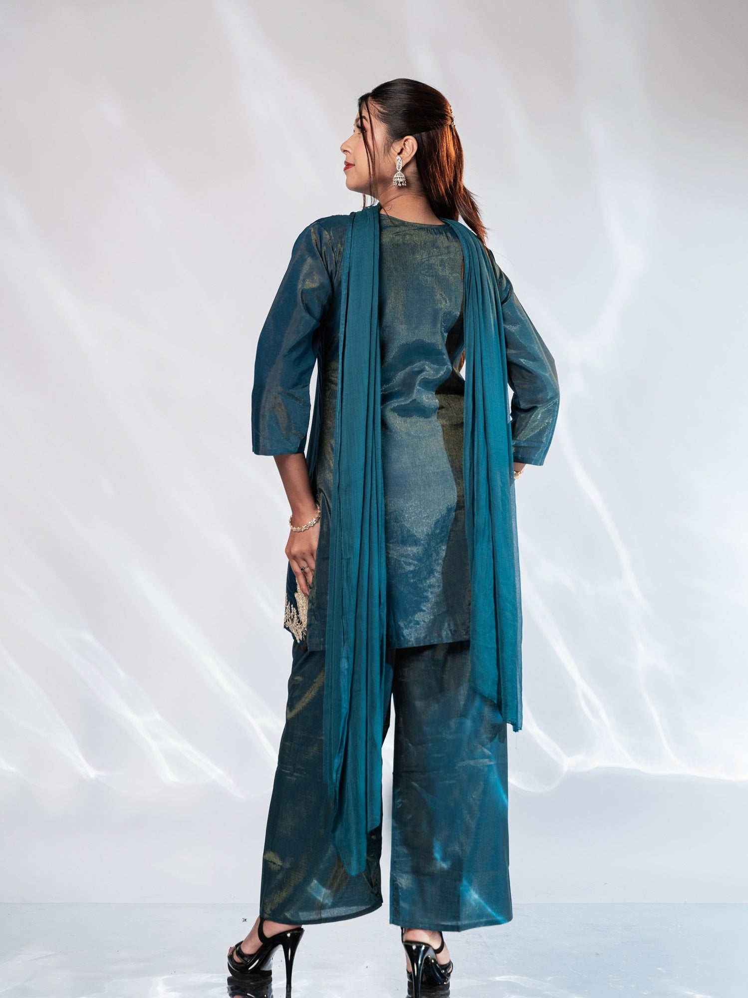 Ash Blue Embroidered Shimmer Silk Suit Set