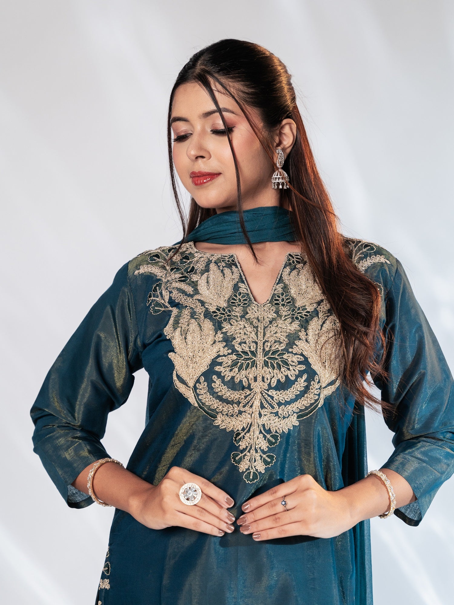 Ash Blue Embroidered Shimmer Silk Suit Set