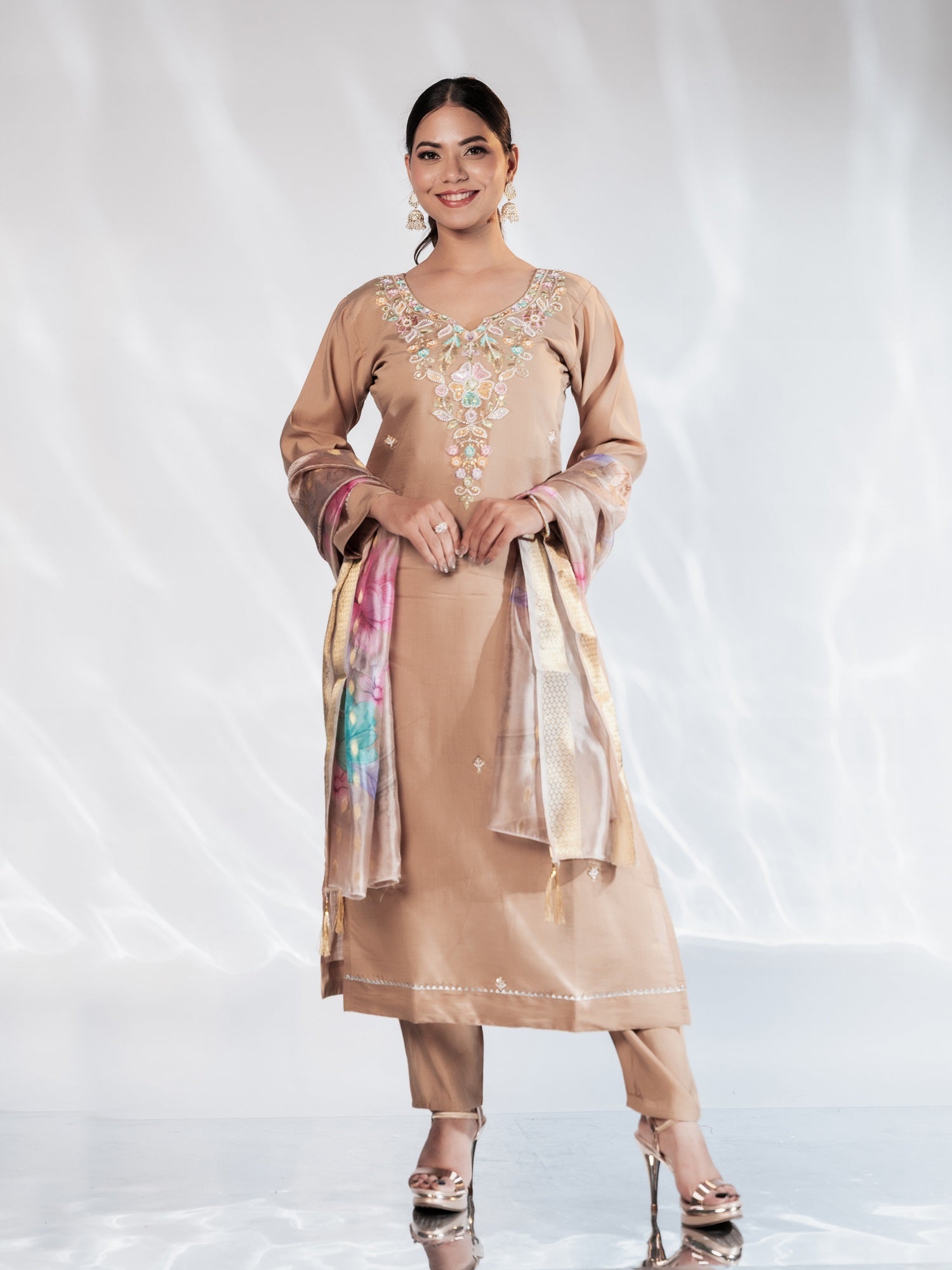 Nude Beige Pastel-Embroidered Suit Set