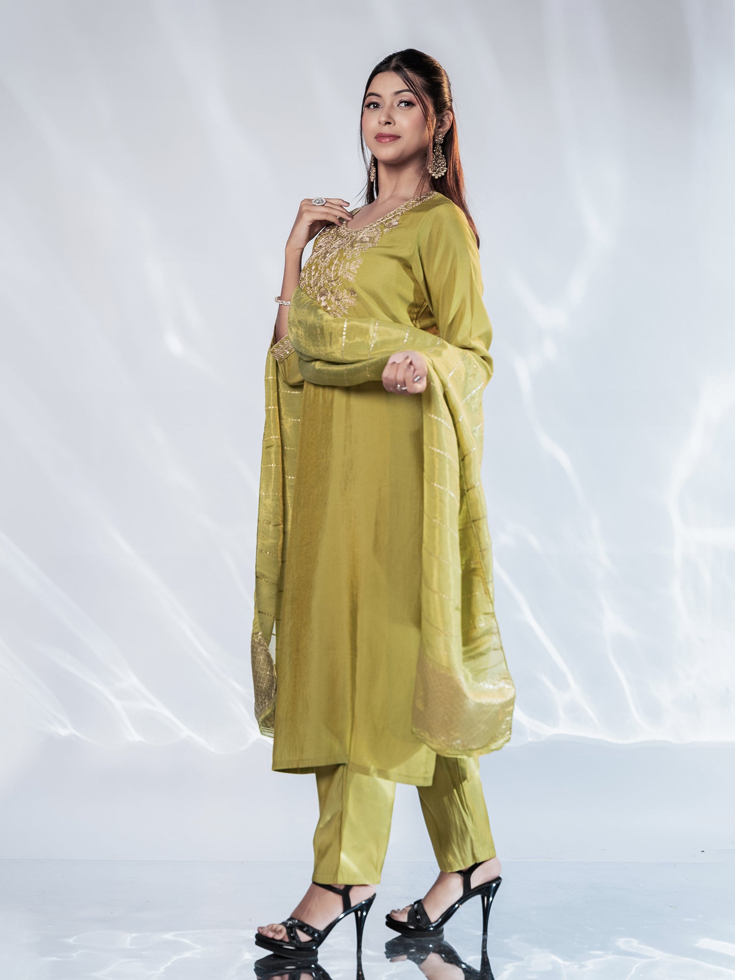 Pastel Green Gold Zari-Embroidered Suit Set