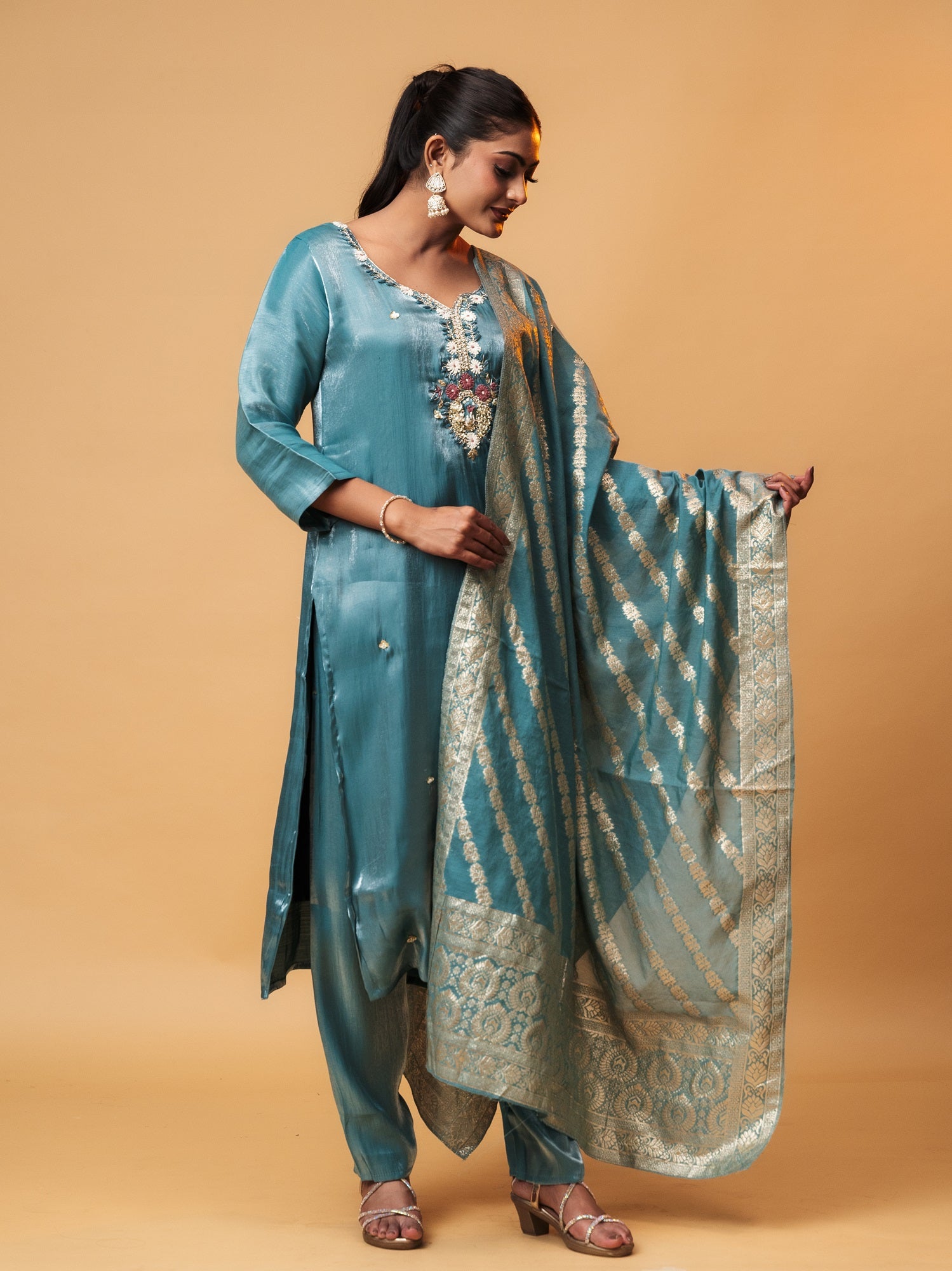 Teal Emroided Glass Tissue Suit Set