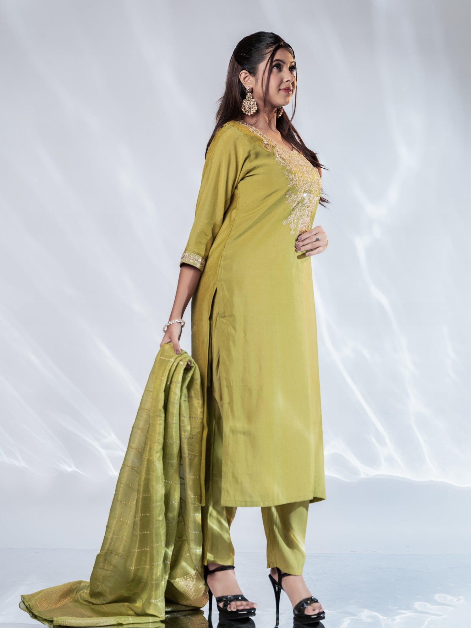 Pastel Green Gold Zari-Embroidered Suit Set