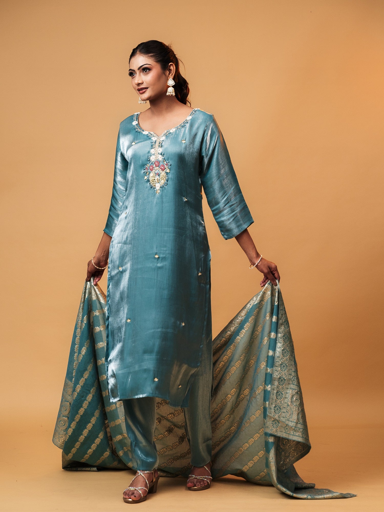 Teal Emroided Glass Tissue Suit Set