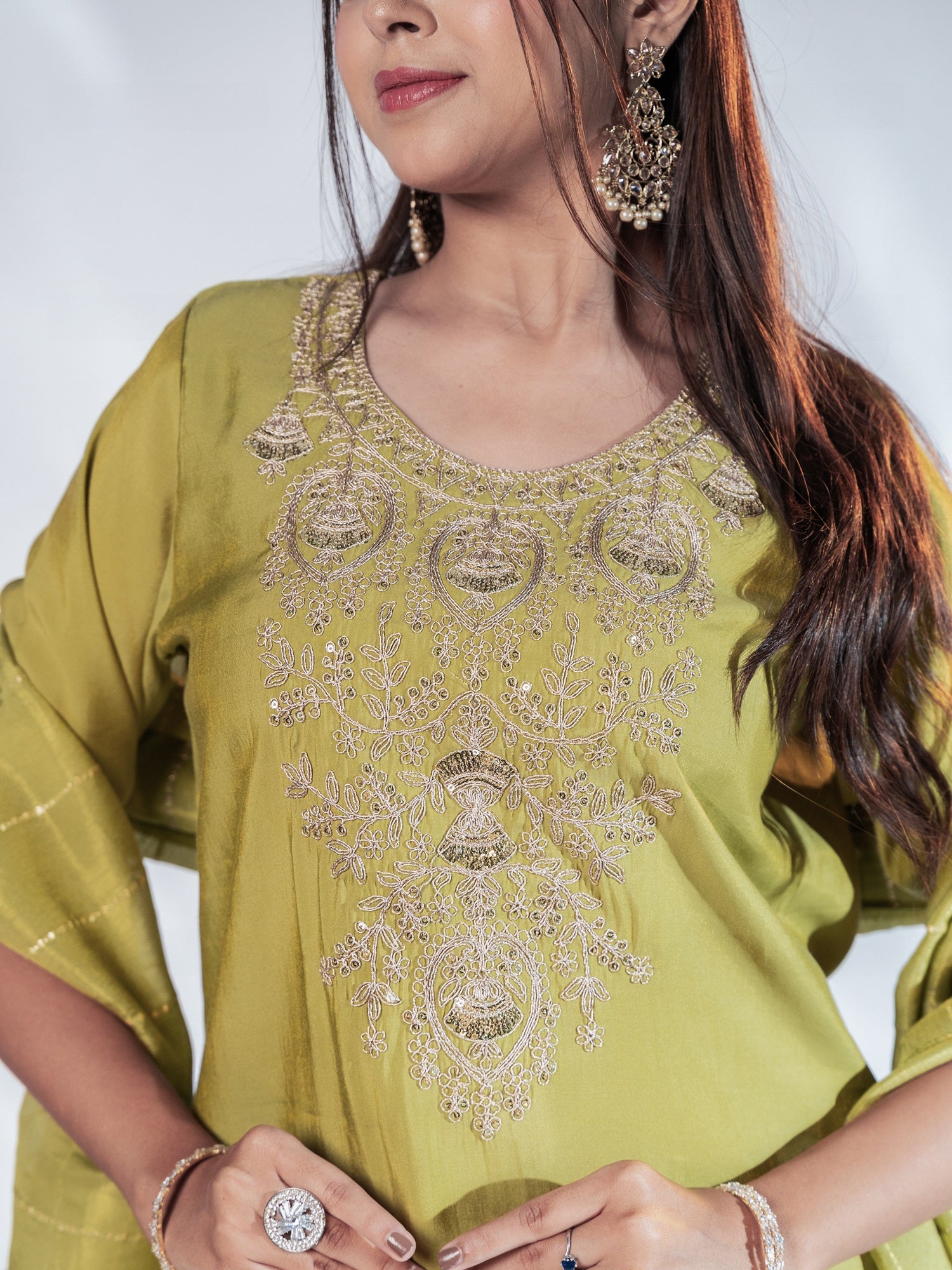 Pastel Green Gold Zari-Embroidered Suit Set